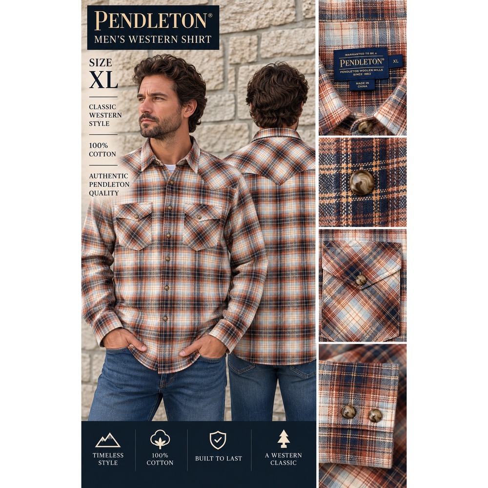 Pendleton Mens Western Plaid Snap Shirt XL 100 Cotton Brown Blue NWT